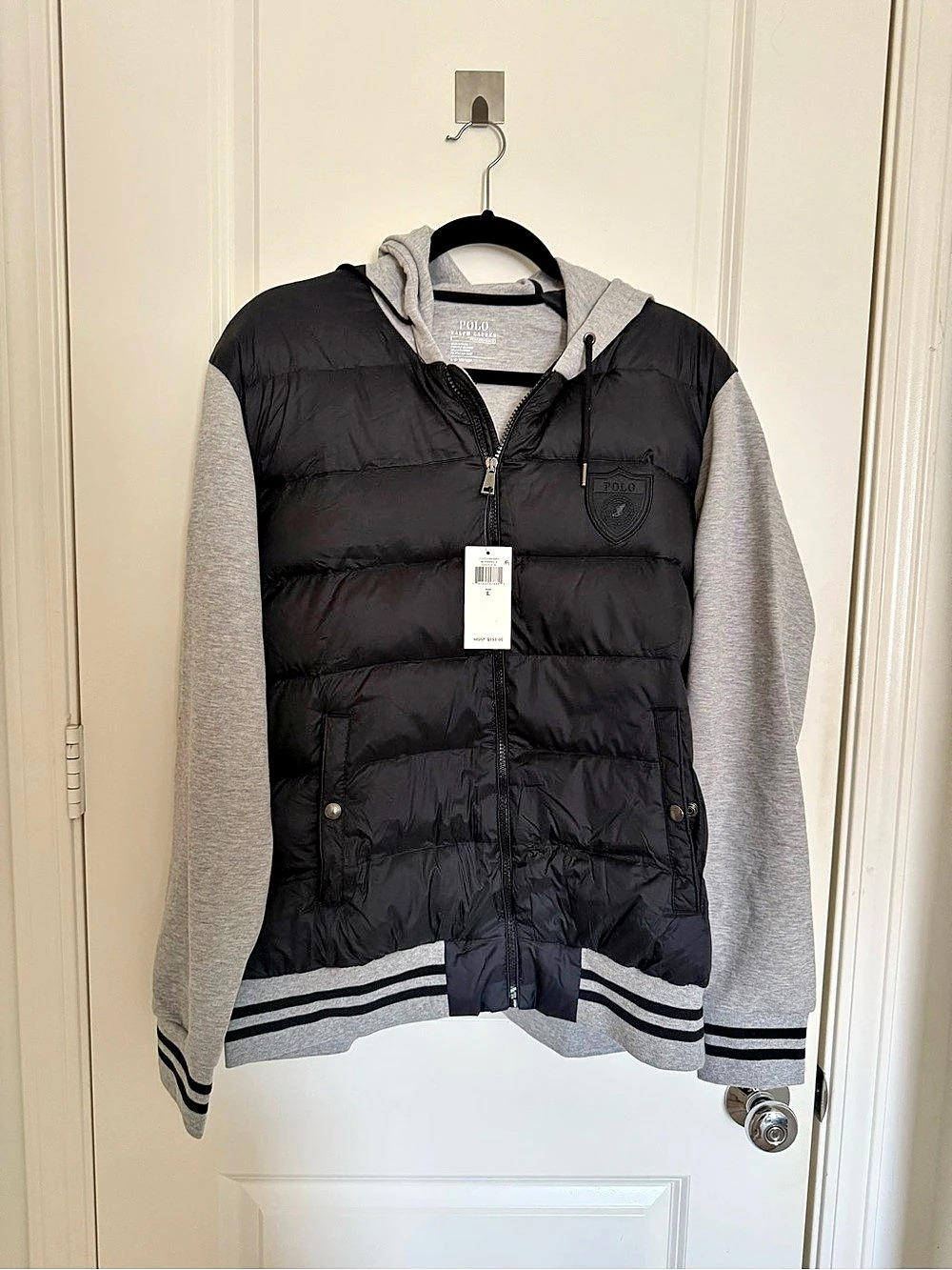 Polo Ralph Lauren P-Wing Hybrid Down Puffer Hoodie Jacket Black & Gray Large